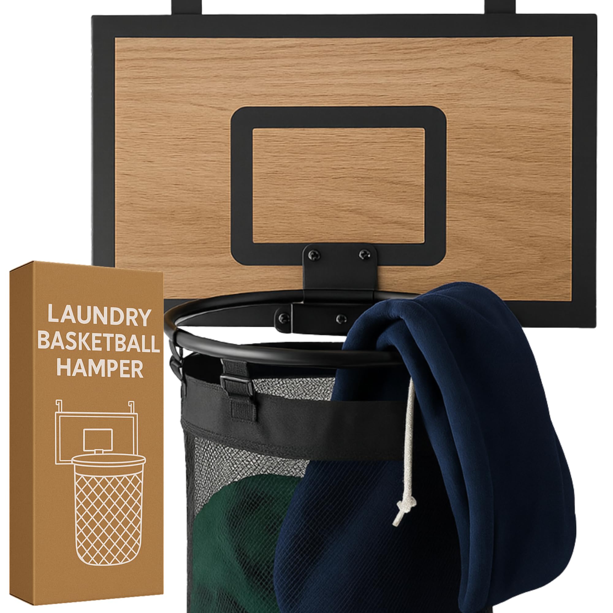 ActiveJoy Basketball Laundry Hamper Wooden Backboard Mesh Hoop Laundry Basket Over Door Hanging Organizer for Kids - Cedarwood