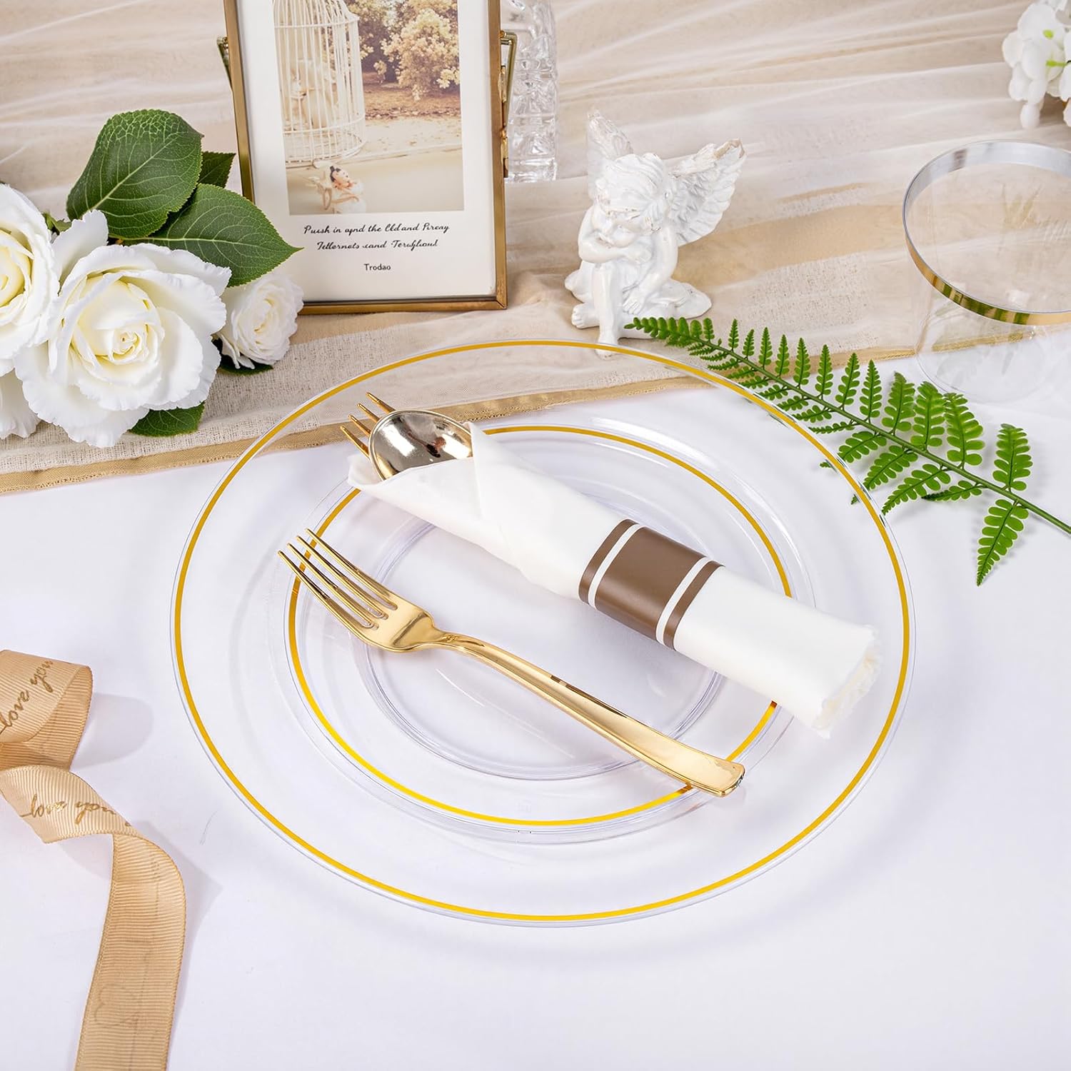 SUT 350 Pcs Gold and Clear Plastic Dinnerware Set for 50 Guests, Include: 50 Dinner Plates, 50 Dessert Plates, 50 Pre Rolled Napkins With Silverware, 50 Cups, Disposable Plates for Party, Wedding - Image 7