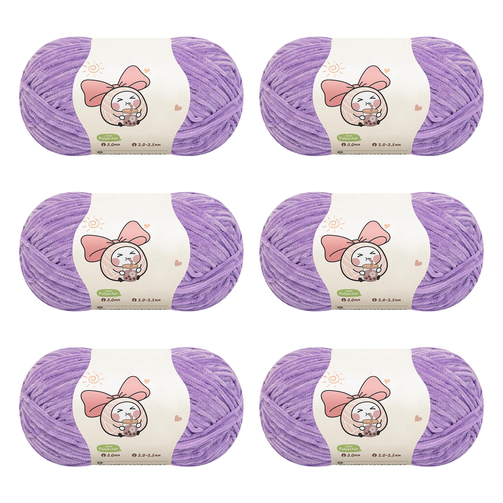 Aeelike Feines Chenille Babywolle zum Stricken, 6×50g Warme Flauschige Wolle zum Häkeln, Warme Chenille-wolle Set, 2,5mm Chenille Häkelgarn für Amigurumi Puppen, Decken, Schals, Lila