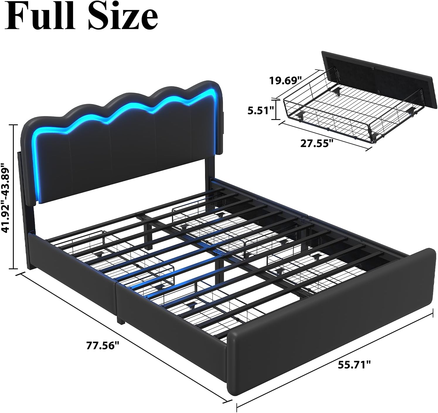 Full Size Bed Frame with 4 Storage Drawers and LED Lights,Upholstered Platform Bed with Adjustable Headboard and Charging Station, Metal Slats Support, No Box Spring Needed, Black