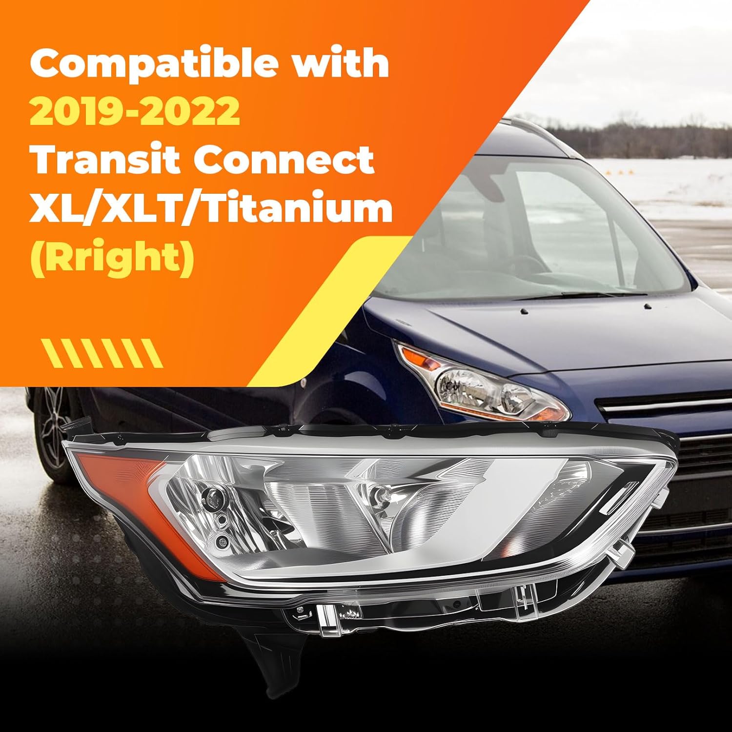 Right Side Halogen Headlight Assembly Compatible with 2019-2022 Transit Connect XL/XLT/Titanium Replacement Headlamp KT1Z13008A (Right)