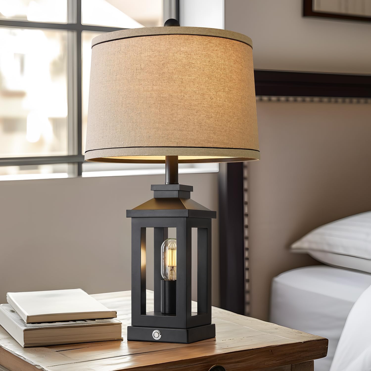 G-SAFAVA 23.75" Retro Farmhouse Black Table Lamp for Living Room Bedroom Nightstand Single Pack Touch Control Bedside Nightlight Vintage Modern Lamp with USB C+A Ports and 2 Light Sources