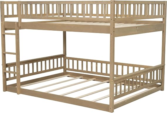 Merax Queen Over Queen Bunk Bed for Teens Adults, Wooden Floor Bunk Beds with Ladder and Guardrails for Guestroom Dormitory, No Box Spring Needed, Natural