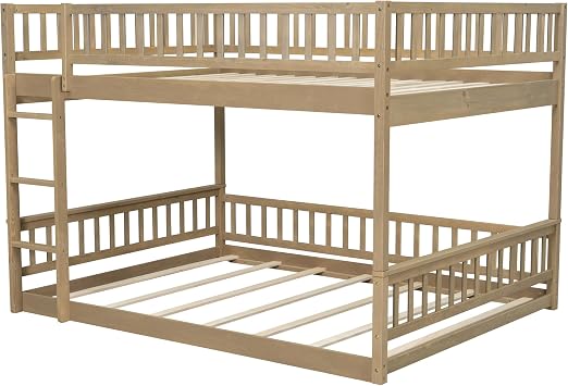 Merax Queen Over Queen Bunk Bed for Teens Adults, Wooden Floor Bunk Beds with Ladder and Guardrails for Guestroom Dormitory, No Box Spring Needed, Natural