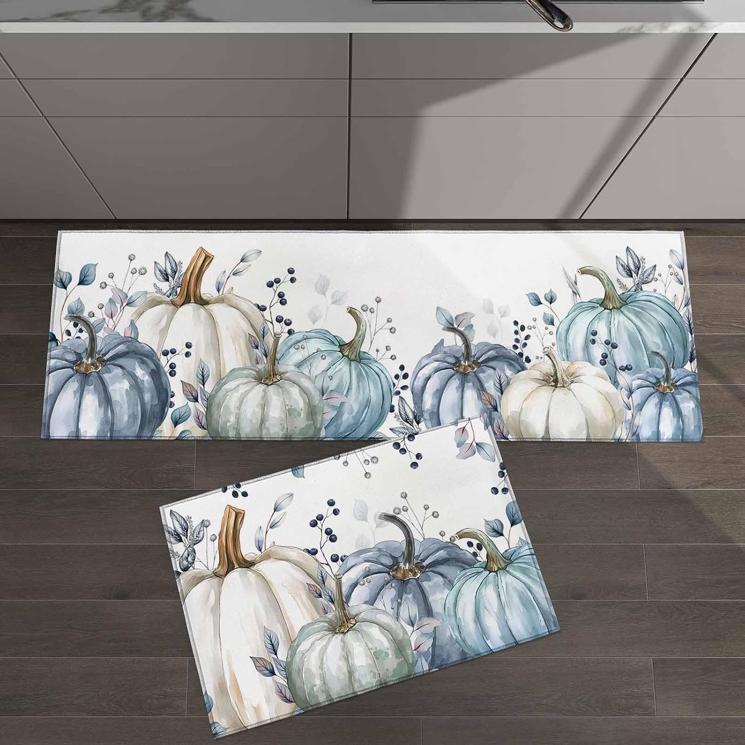 2 Piece Non-Slip Kitchen Mat Runner Rug Set Doormat Thanksgiving Fall Blue Leaves Pumpkin Plants Door Mats Rubber Backing Carpet Indoor Floor Mat (23.6" x 35.4"+23.6" x 70.9")