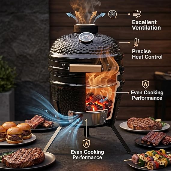Alivio Kamado 13 Ceramic Mini BBQ Grill Smoker Egg Charcoal Cooking Oven, Portable Oven and Smoker with Stand (Black)