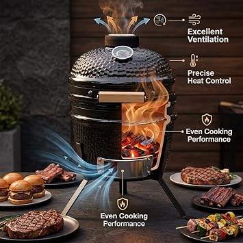 Alivio Kamado 13 Ceramic Mini BBQ Grill Smoker Egg Charcoal Cooking Oven, Portable Oven and Smoker with Stand (Black)