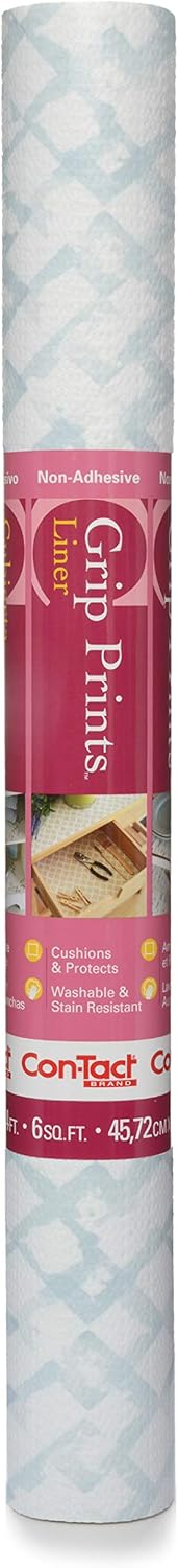 Con-Tact Brand Grip Prints Shelf Liner, Durable and Non-Adhesive Liners, Non-Slip Drawer and Cabinet Liner, 18" x 4', Trellis Faded Blue, Pack of 1 Roll