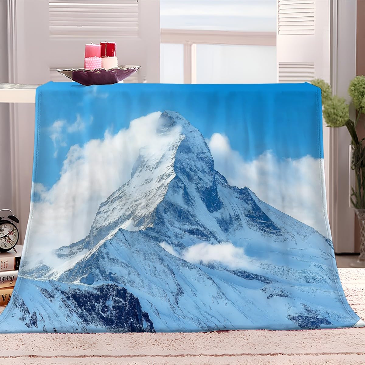 Générique Couverture Polaire Montagne Neige Bleue 180x220 cm Plaid Polaire pour Lit, Canapé et Chaises, Couverture Flanelle Chaude, Douce et Épaisse pour Toutes Les Saisons