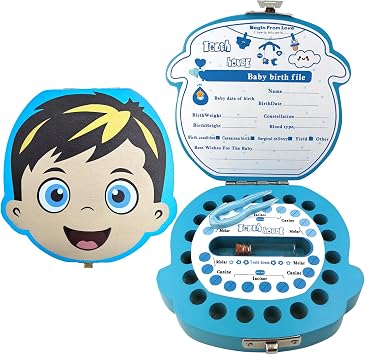 PAMBO Baby Tooth Fairy Box, First Tooth Keepsake Box for Kids - Wooden Tooth Holder & Storage Gift Box for Boys