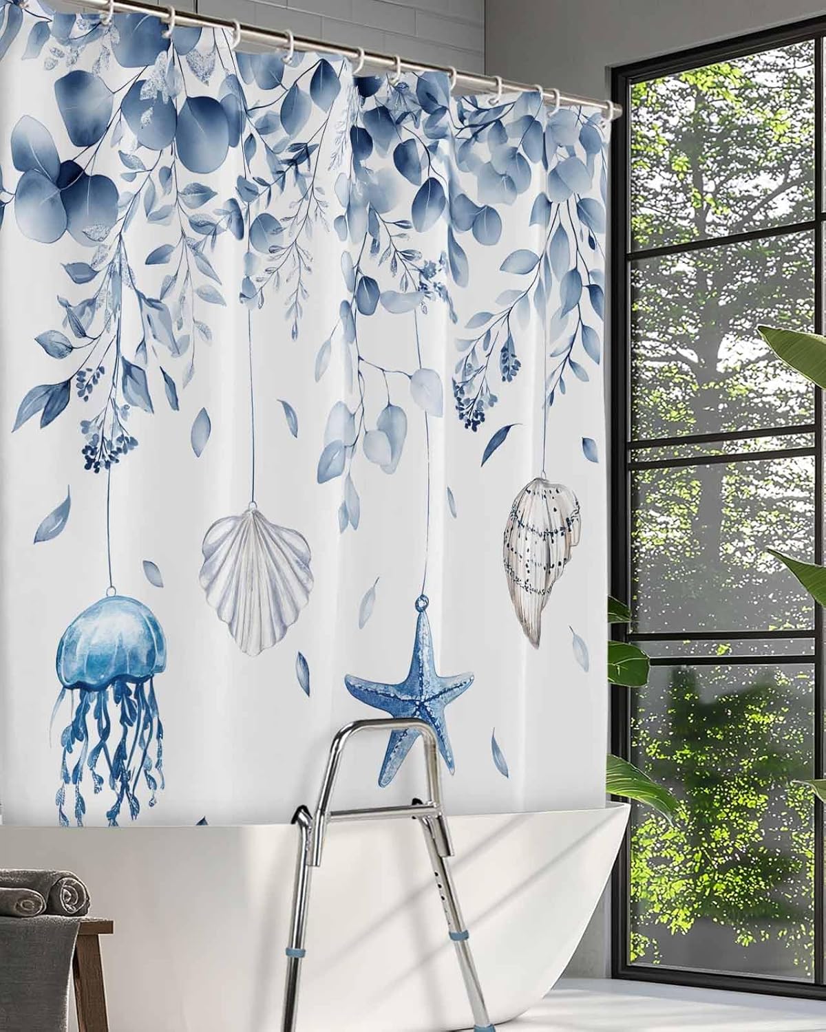 Split Shower Curtain for Transfer Bench, Blue Coastal Waterproof Fabric Shower Curtain, Spring Eucalyptus Leaf Beach Starfish Tub Sliding Transfer Bench Shower Curtains for Bathroom 72'' x 72''
