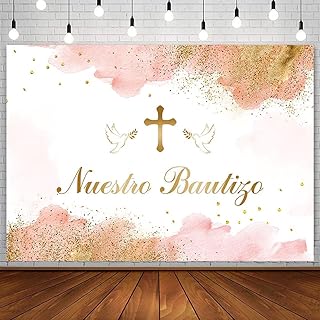 AIBIIN 7x5ft Mi Bautizo Backdrop for Girl Nuestro Bautizo Baby Baptism Christening Photography Background Pink Watercolor Clouds Gold Cross Peace Dove Party Decorations Banner Photo Booth Studio Props