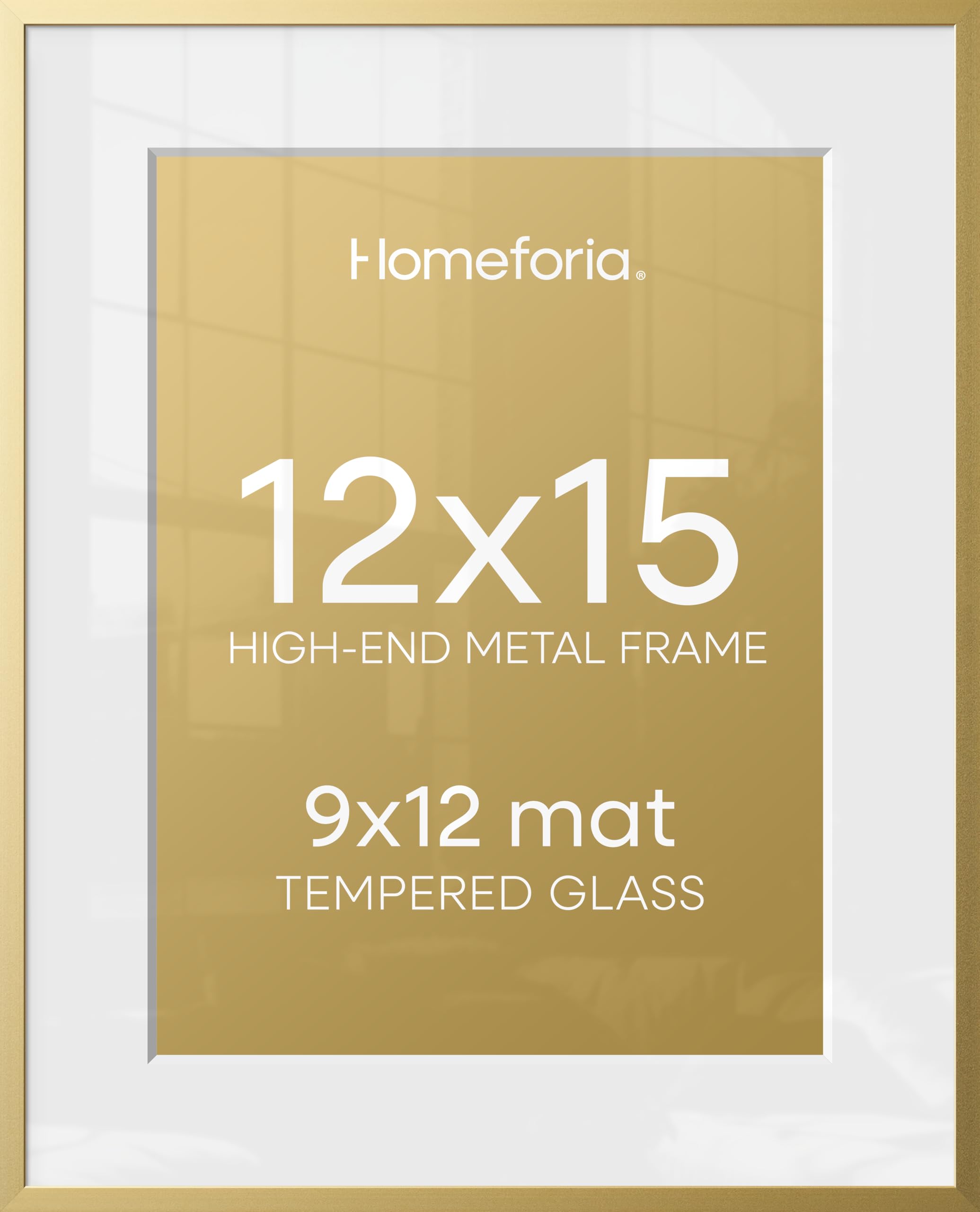 Homeforia 12x15 Gold Picture Frame, High-End Metal, 9x12 Mat, Glass | High End Aluminum, Tempered Glass, Acid-Free 9x12 Removable Mat, 12x15 in Edge-to-Edge Display 15x12, Wall Kit, Set Of 3