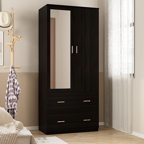 FAMAPY Armoire Wardrobe with Mirror & 2 Drawers, Armoires and Wardrobes 2-Door Wardrobe with Shelves & Hanging Rod, Gold Metal Handles, Espresso (31.5”W x 18.9”D x 72”H)