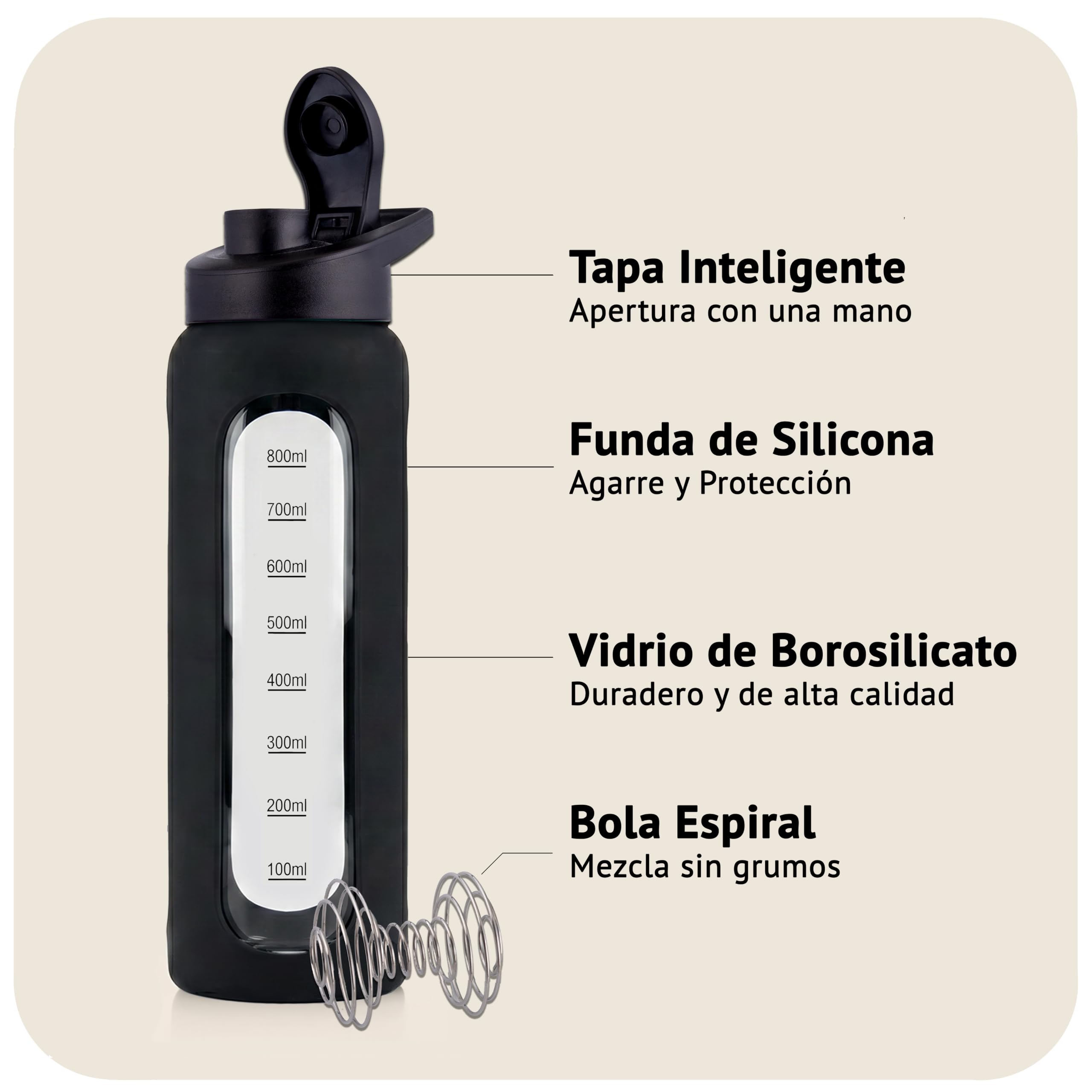 Coctelera de cristal de 1000 ml, sin BPA, a prueba de fugas y resistente, con bola mixta de vidrio de borosilicato, botella para fitness y deportes, color negro
