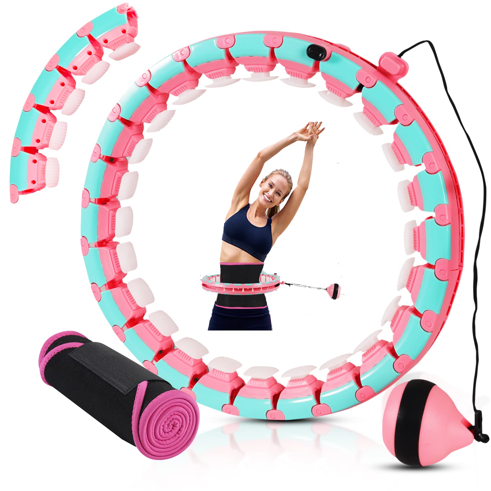 Photo 1 of Smart Weighted Hoola Hoop Plus Size 60 Inch, 29 Knots Infinity Fitness Hoop with Extra Links, 2 in 1 Adjustable and Detachable Massage Great for Women and Beginners Pink