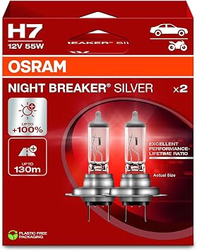 Osram H7 Night Breaker Silver Headlight Bulb, 12V 55W, Pack of 2, 100% More Light, 130m Distance