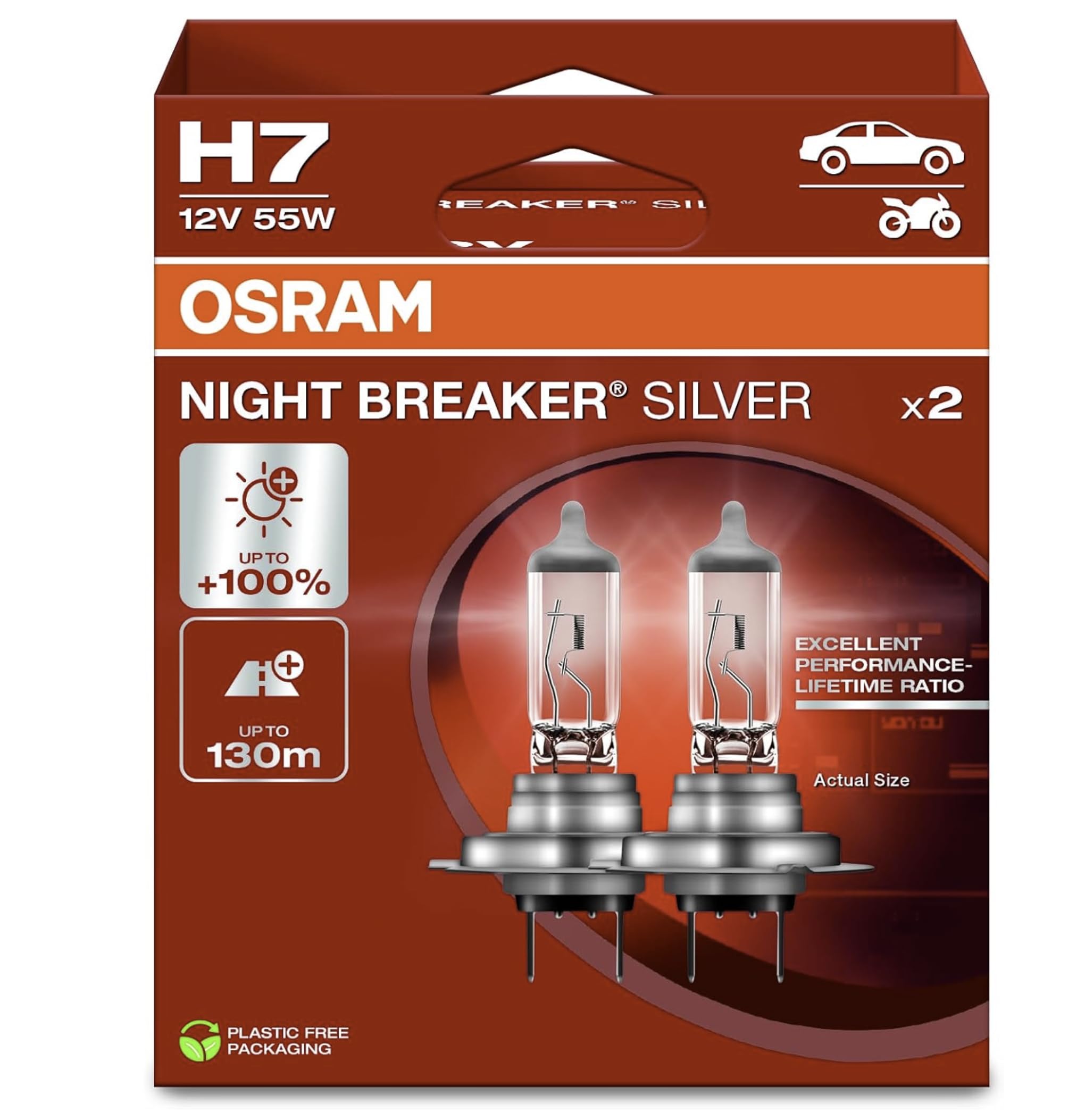 Osram H7 Night Breaker Silver Far Ampulü, 12V 55W, 2'li Paket,%100 Daha Fazla Işık, 130m Mesafe