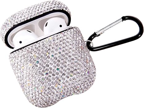 Sparkly Diamond Case for AirPods with Keychain, Shockproof Protective Premium Bling Rhinestone Cover Skin Compatible with AirPods Charging Case 2 & 1(White+AB C5)