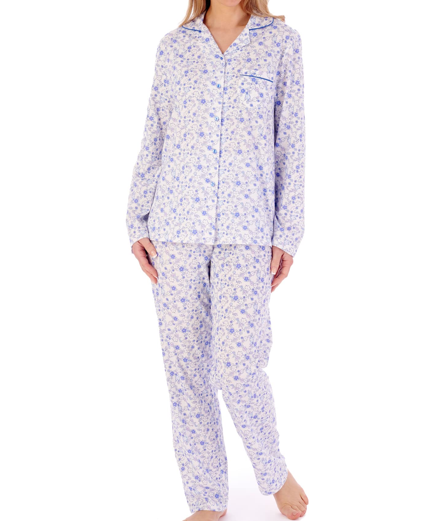Slenderella Sketch Floral Long Sleeve Tailored Cotton Pyjama Set (20/22, Blue)