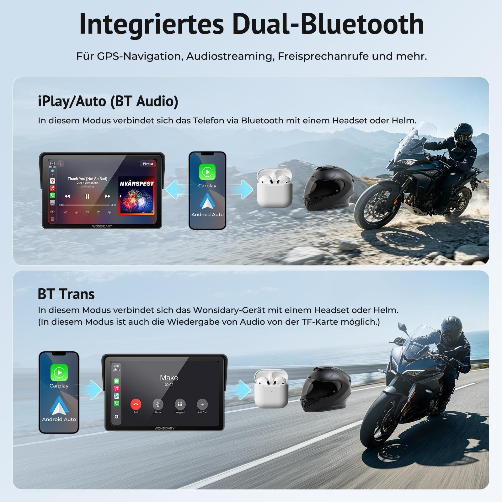 W722TPMS 7 Zoll Motorrad CarPlay Display mit TPMS & Android Auto | Motorrad Navi Display mit IP67 Wasserdichtes ,Dual Bluetooth, Sprachsteuerung, EQ，USB & ACC Anschluss für Motorrad Reisen