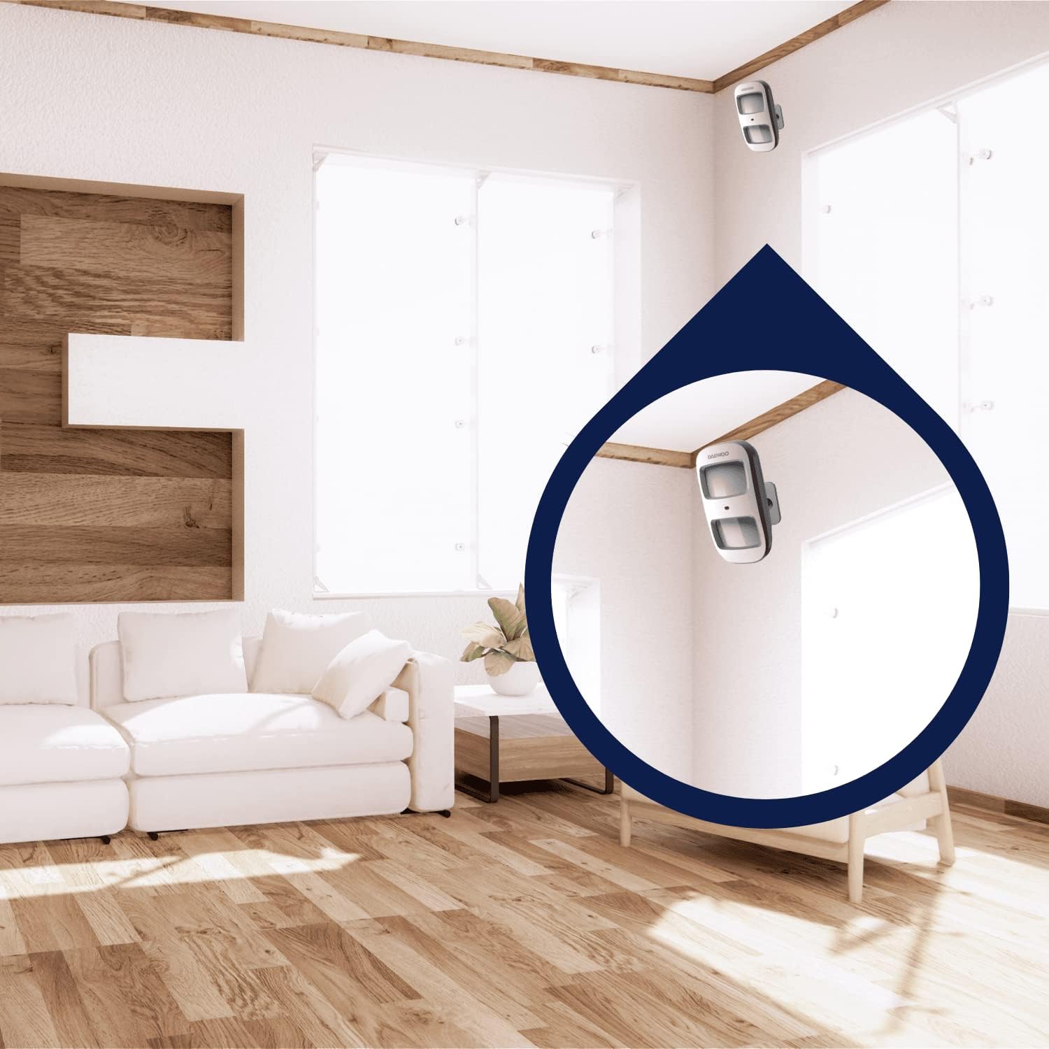 Two Daewoo motion detectors installed high in the corners of a living room.