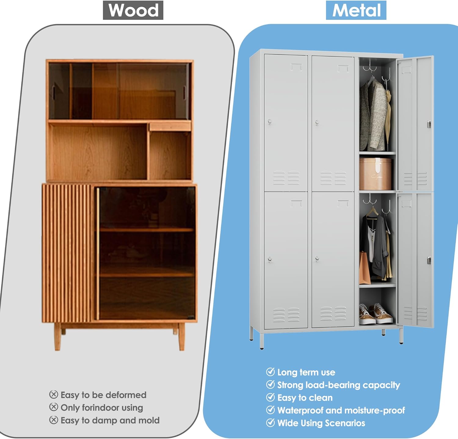 SUPEER Metal Lockers with 6 Doors and Business Card Holder,Metal Lockers for Employees with 18 Hooks for School Garage Gym Home,Assembly Required,Light Grey