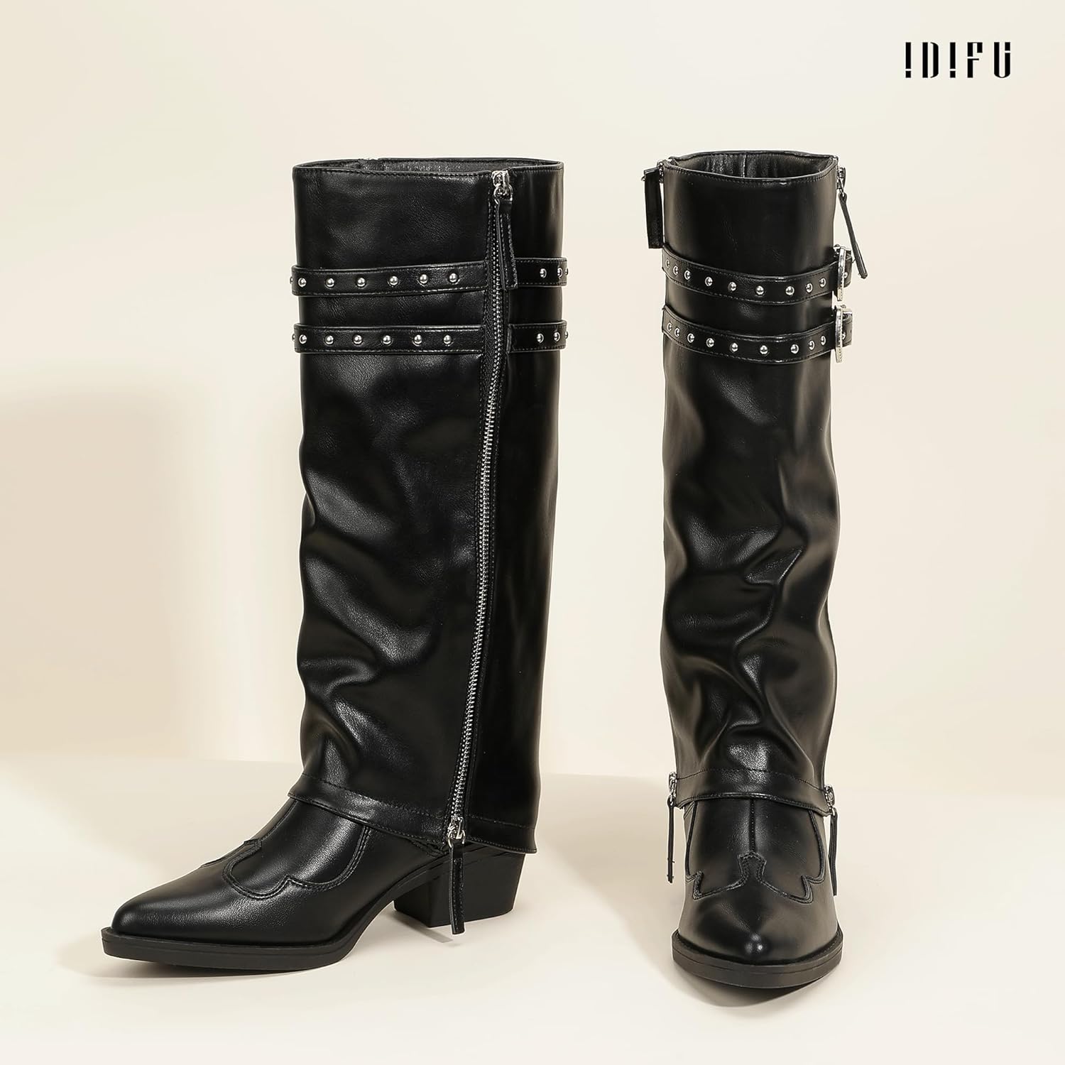 IDIFU IN2 Women Fold Over Cowboy Boots Slouchy Cowgirl Knee High Boots Pointed Toe Low Short Block Chunky Heel Boot Long Tall Studded Zipper Buckles Comfort Trendy Dressy Shark Boot