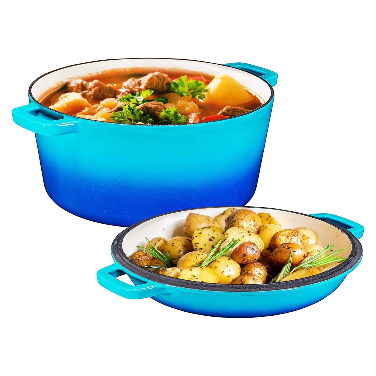 Bruntmor 2-in-1 Enamel Cast Iron Dutch Oven With Handles - Crock Pot Caribbean Blue Cast Iron pot with Skillet lid - All-in-One Cookware Braising Pan for Casserole Dish - 5 Quart, Caribbean Blue