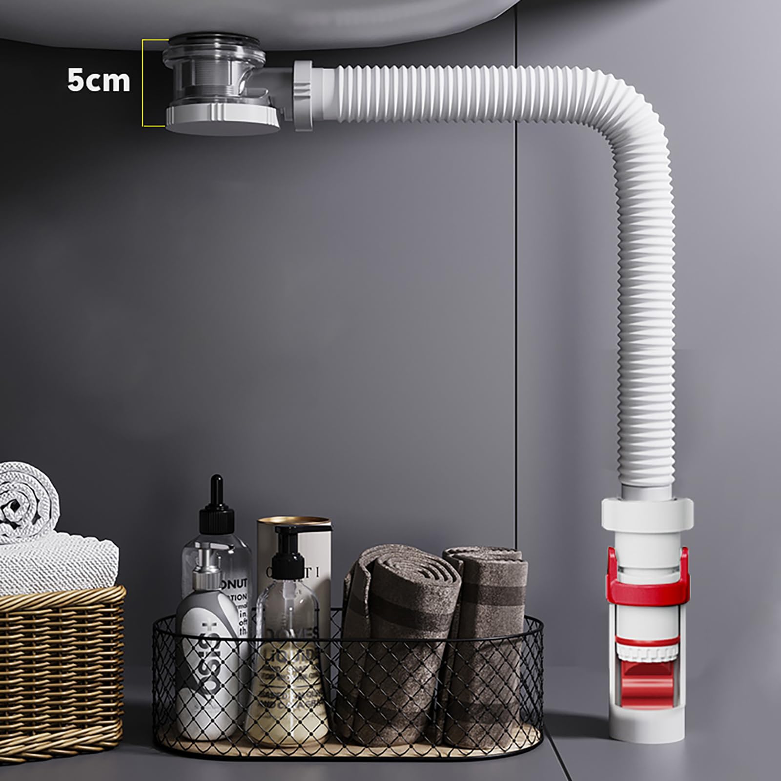 Siphon Waschbecken aus Edelstahl,Pop Up Ablaufventil,Überlauf,Flexibles Gewelltes Abflussrohr,Geruchsverschluss Waschbecken Syphon für Abflussrohre