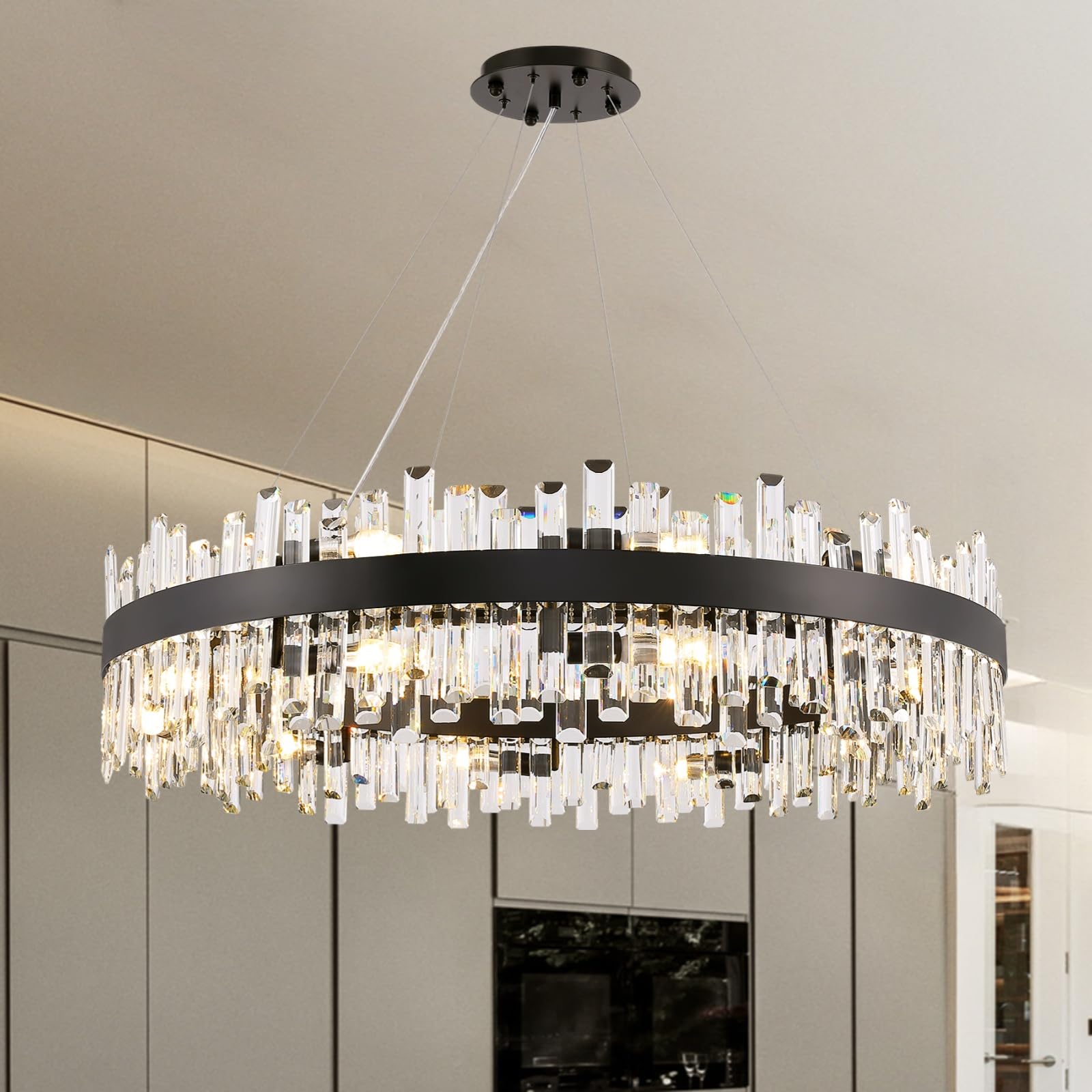 CROSSIO 20-Light Modern Large Crystal Chandelier Black Round 2-Tiers Raindrop Chandelier Luxury Flush Mount Hanging Ceiling Light for Dining Living