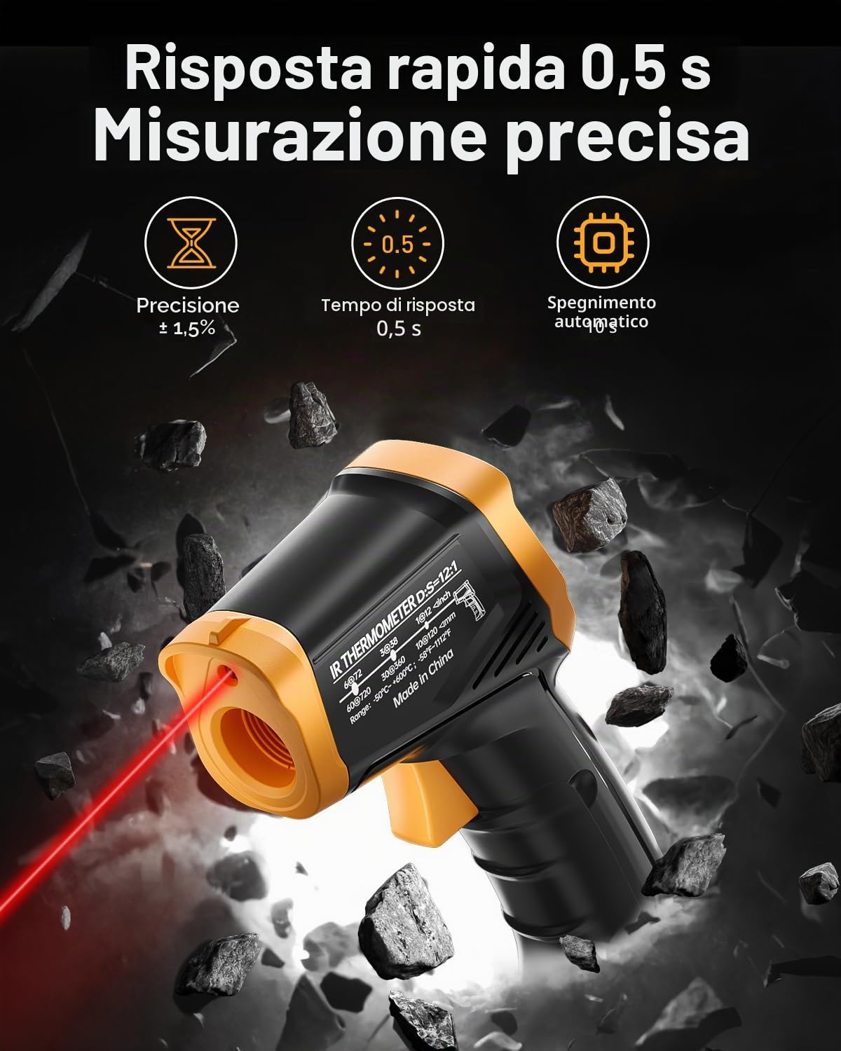 Eventek Termometro Infrarossi, -50 ° C ~ 600 ° C Termometro Laser Digitale Senza Contatto aiutante di cucina, Termometro per Cucina, Forno, Pizza, Freezer, Termometro per Carne Incluso (Non per Umani)
