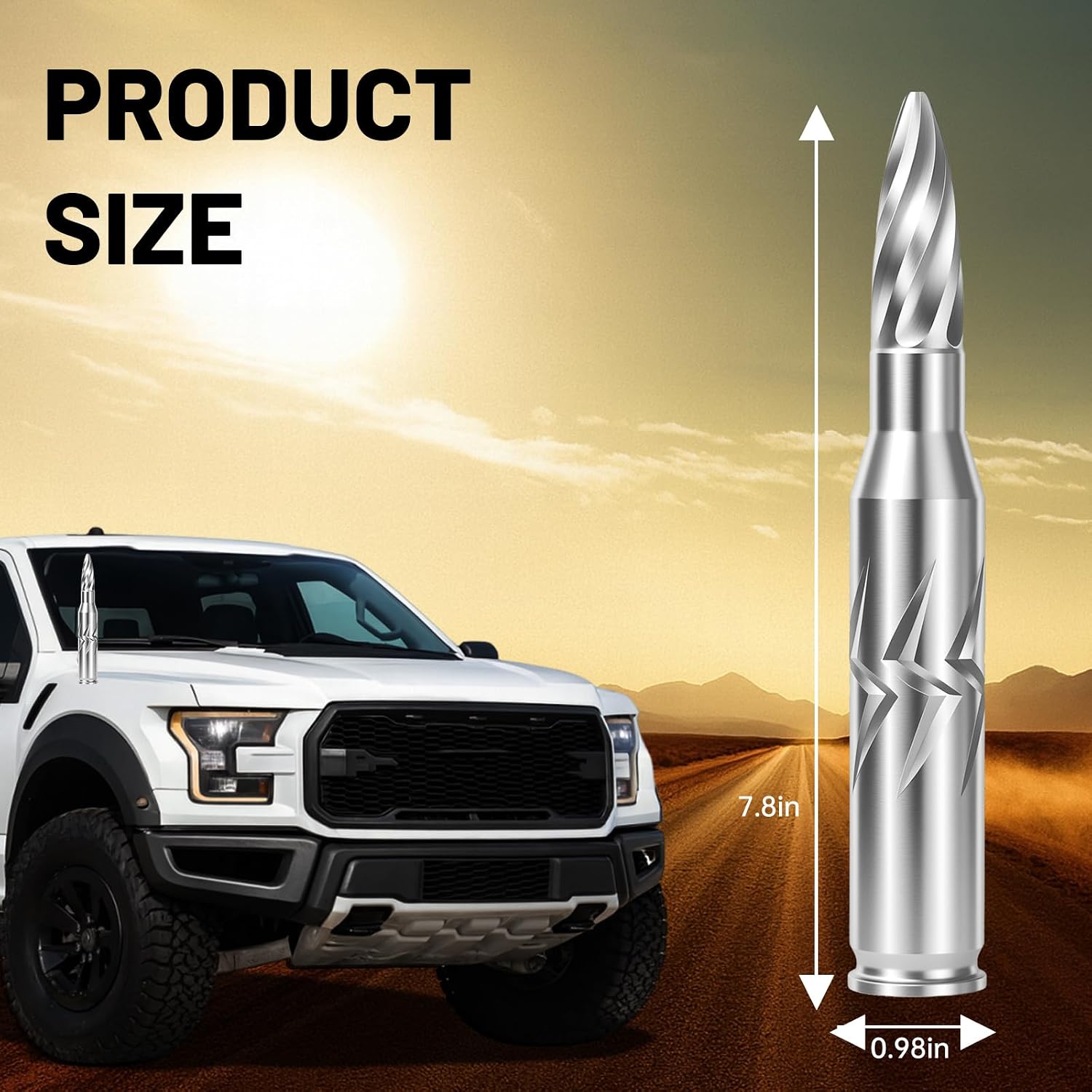 Bullet Antenna Chrome 50 Cal Truck Bullet Antenna Fittings， Compatible Fit for Ford F150 F250 F350 Raptor/Dodge RAM 1500 2500 3500/Chevrolet Silverado & GMC Majority Short Replacement Antenna (7.8in)