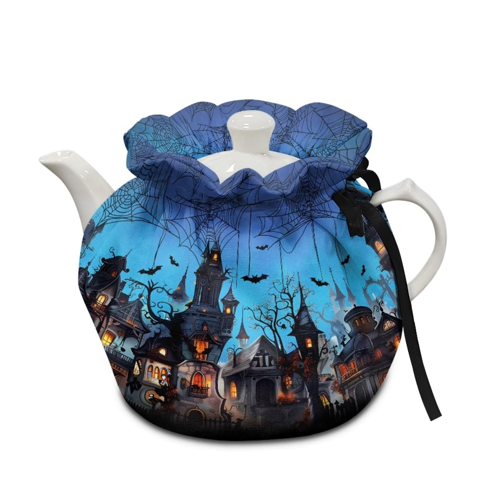 Generic Blue Castle Tea Cosy Halloween Tea Pots Cover Breakfast Teapots Kitchen Tea Pots Dust Lid with Elastic Band Insulated Cotton Warmer Tea Cozies Kettle Cover Durable Drawstring Kettle Covers