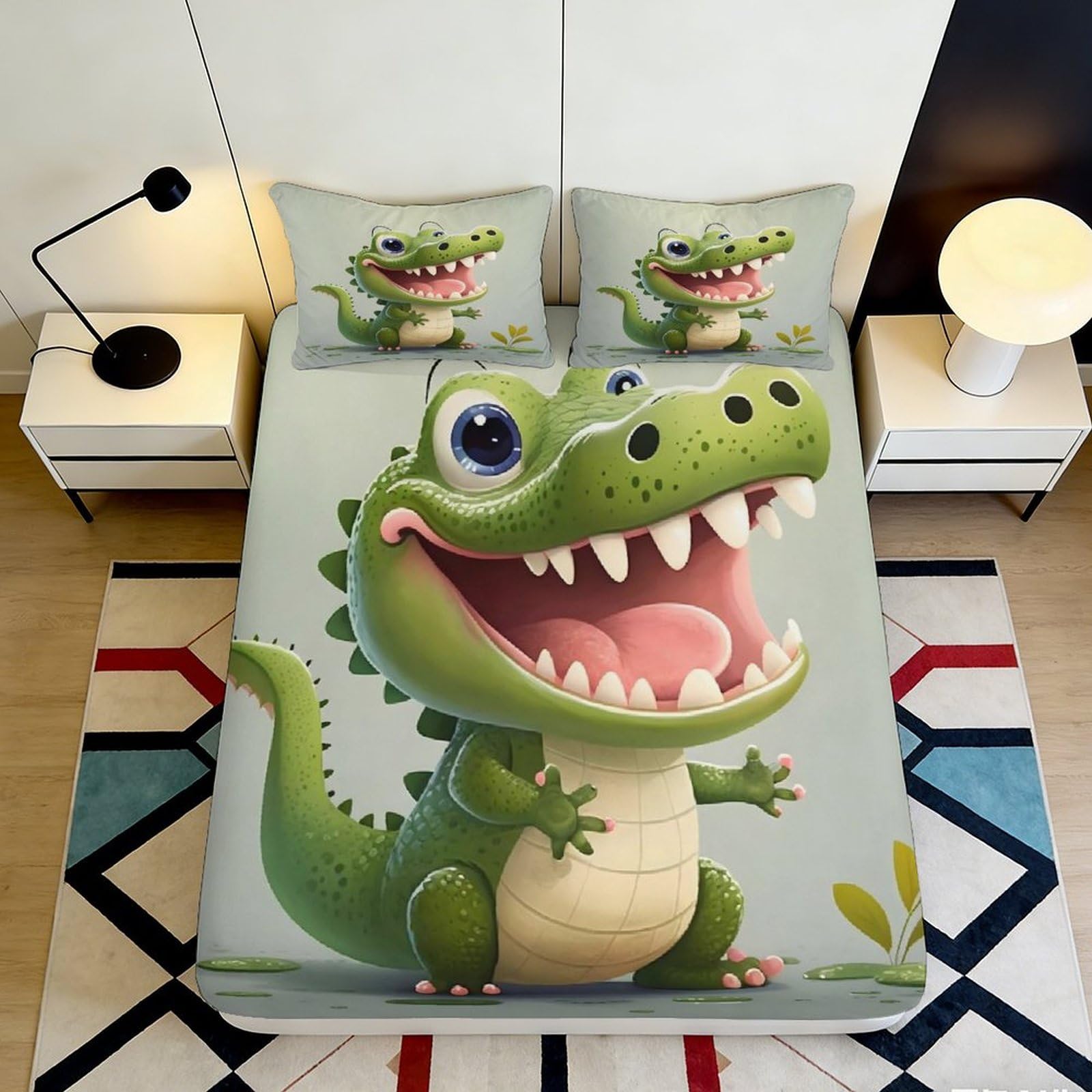 3D Printed Cartoon Crocodile Fitted Sheet Microfiber Soft Anti-Slip Green Alligator Bed Cover for Bedroom Dorm Bed Protection 90x200x25cm