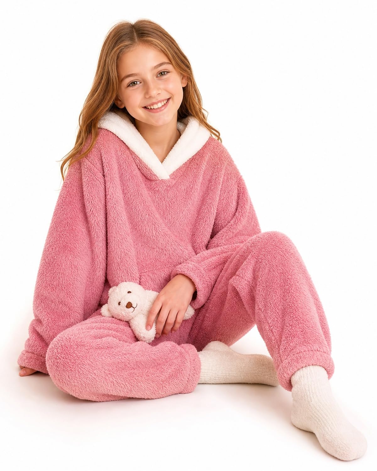FishingDino Set di abbigliamento per bambini, taglia 122-152, due pezzi, a maniche lunghe, in flanella, per il tempo libero, con tasca a marsupio, colletto a risvolto, pantaloni da jogging