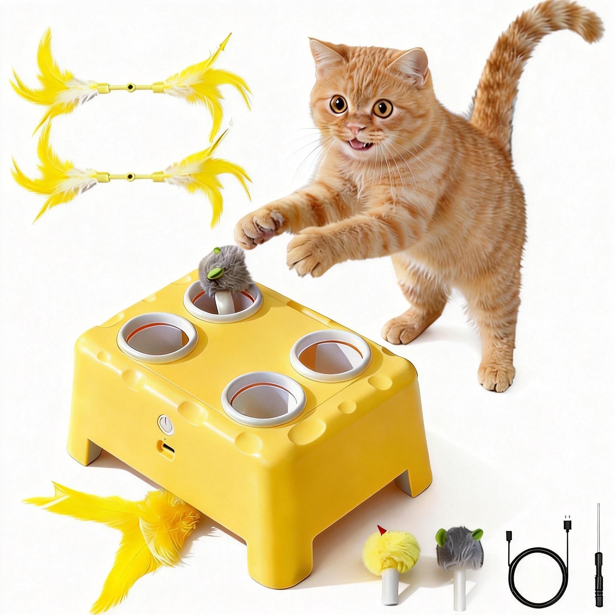 Jouet interactif pour chat d'intérieur avec plumes et souris automatique rechargeable