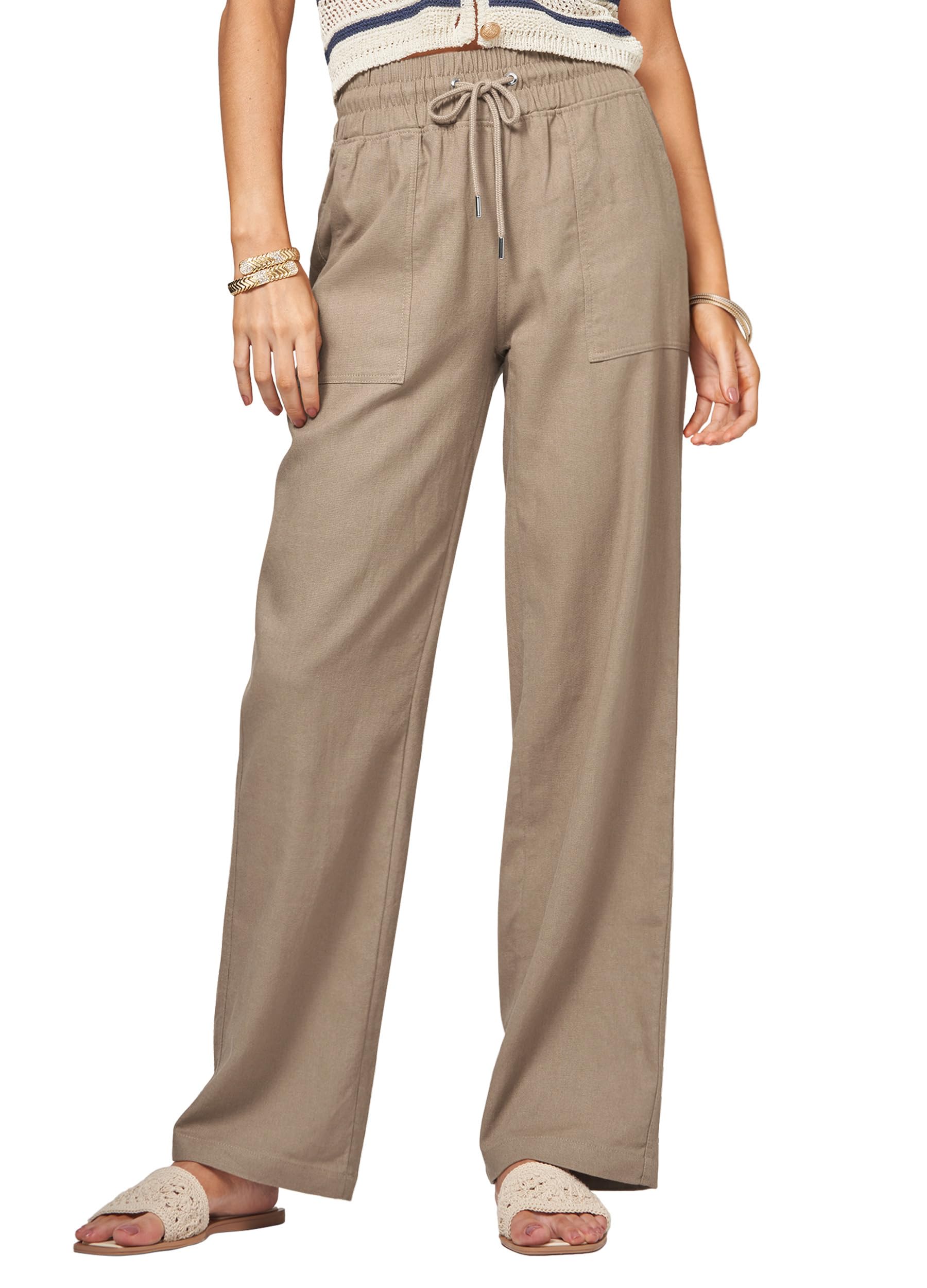 AVICHIC Women Linen Pants Wide Leg Palazzo Pants Cotton Linen Drawstring Summer Pants with Pockets 29"/31"/ 33"
