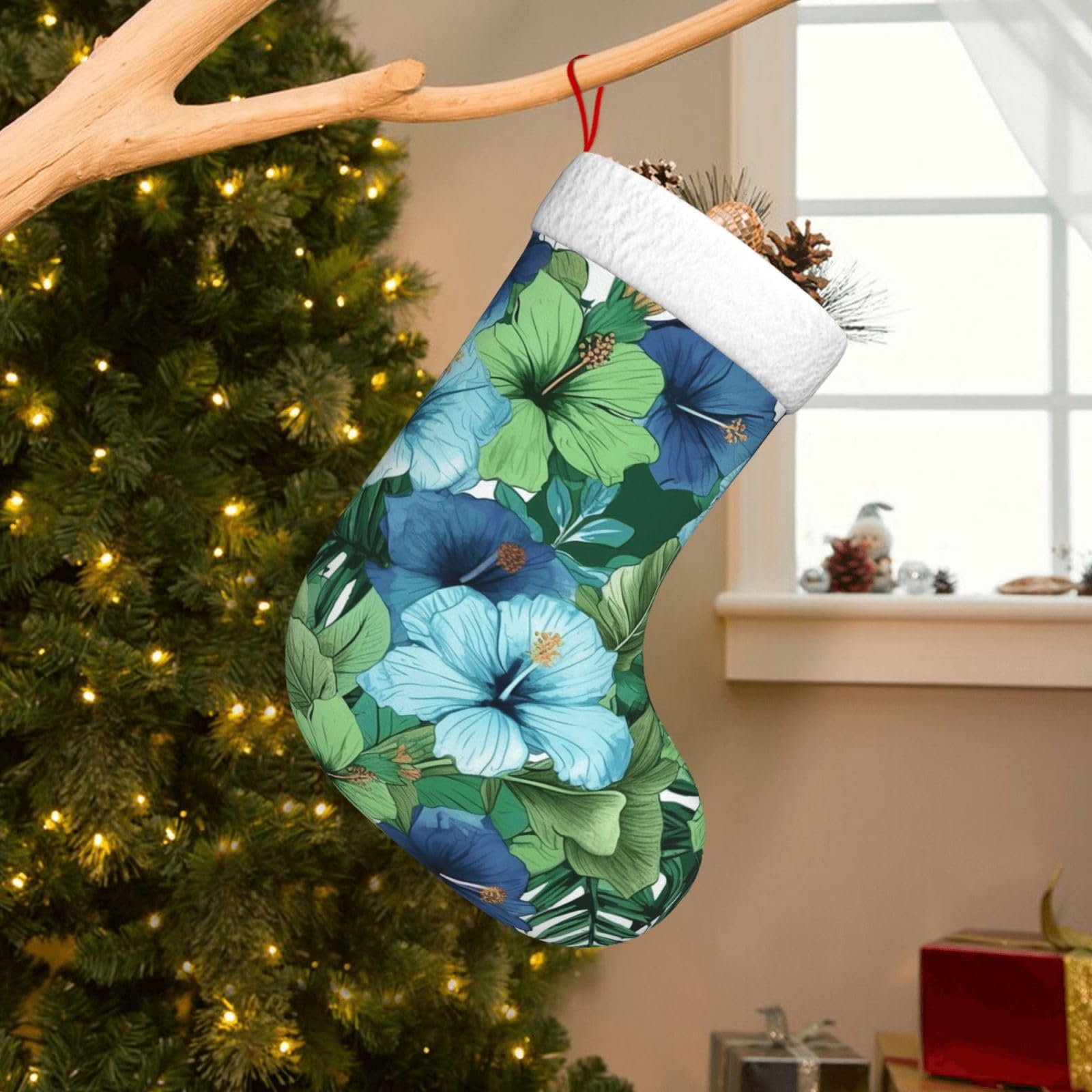 Velvet Christmas Stockings 17.7 Inch, Green and Blue Hibiscus Flowers Xmas Stocking with Soft Cuff,Classic Personalized Christmas Tree Decoration for Family Holiday New Year Party Supplies