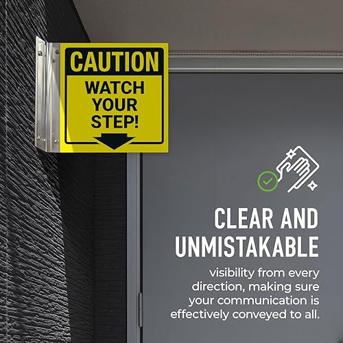 Miniatura 10 de Watch Your Step Projecting Letrero de doble cara, 6 x 6 pulgadas, ACM, con accesorio negro satinado, fabricado en Estados Unidos