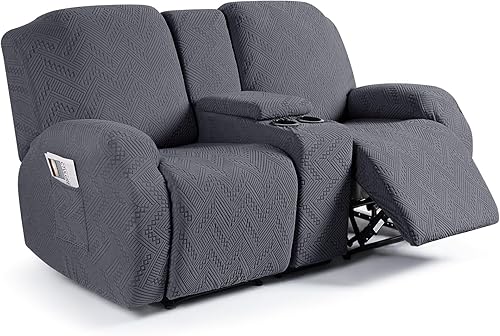 Ruaozz Fundas elásticas para sofá biplaza reclinable con consola, fundas para sofá reclinable de 4 piezas con bolsillos, fundas de sofá reclinable