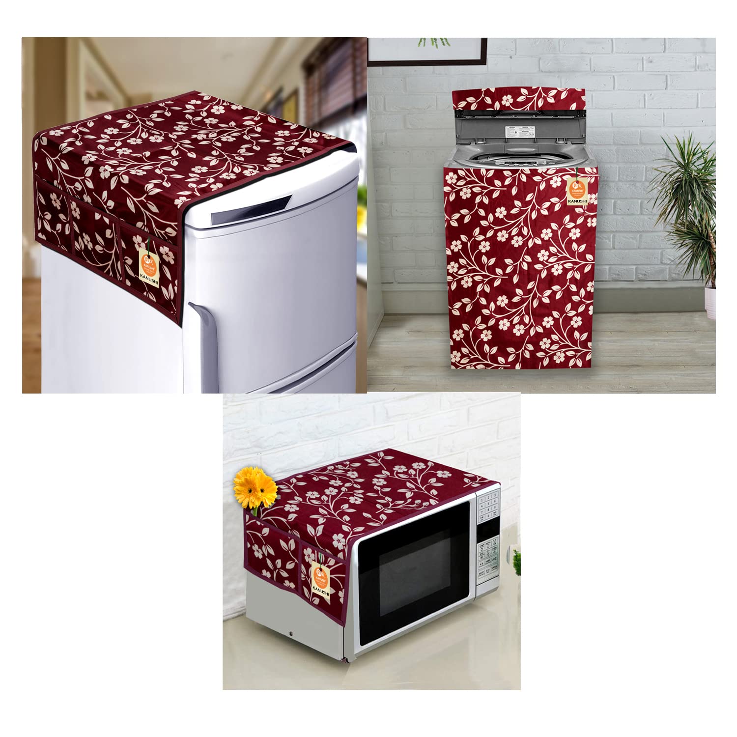 KANUSHI Industries® Top Load Fully Automatic Washing Machine Cover + 1 Pc Fridge/Refrigerator Top Cover + 1 Pc Microwave/Oven Top Cover (Copy-FRI+Micro+W.M-Fully-Maroon-Raj)