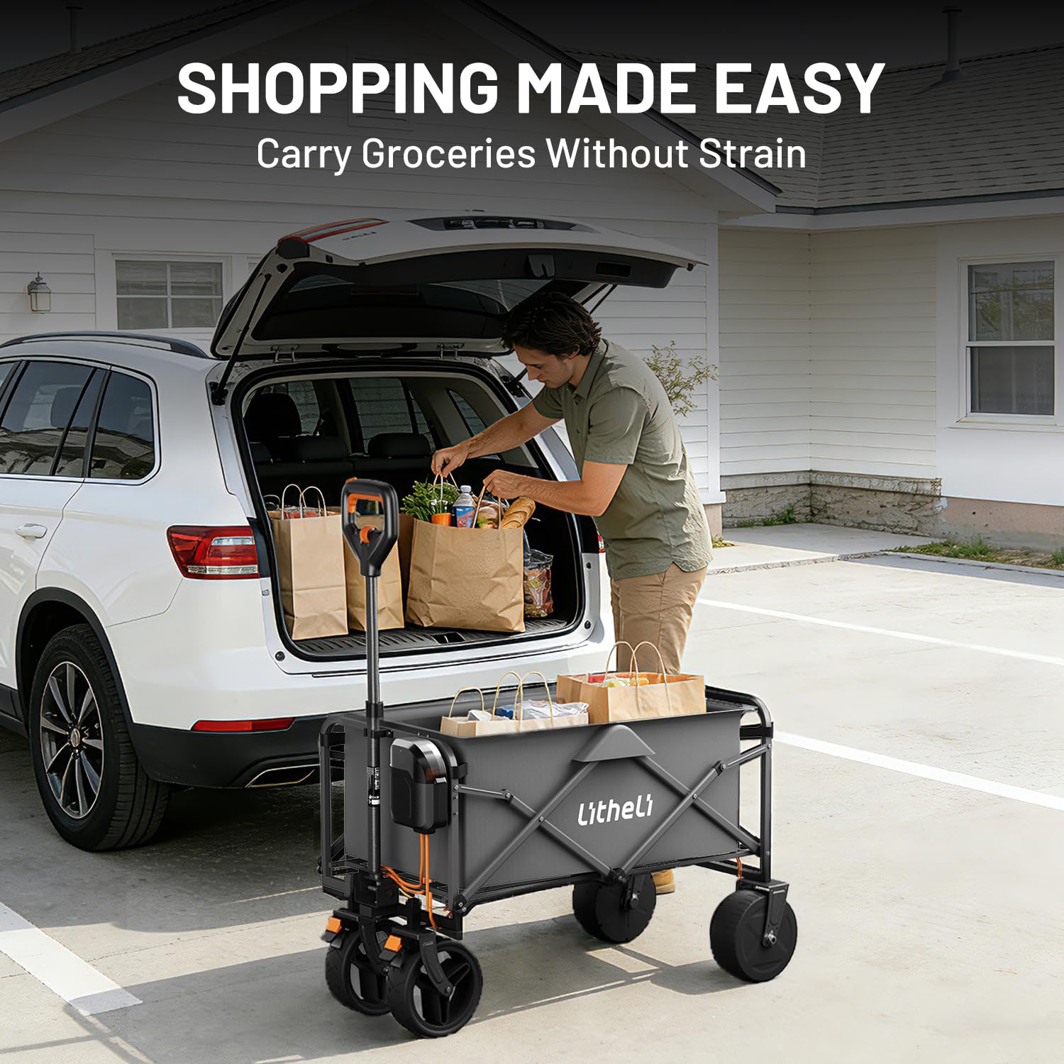 LiTHELi Carrello elettrico pieghevole, carretto a mano pieghevole con motore e freni, 100L 50KG adatto per campeggio, giardino, spiaggia, shopping (nero, W1 Go con 1 batteria)