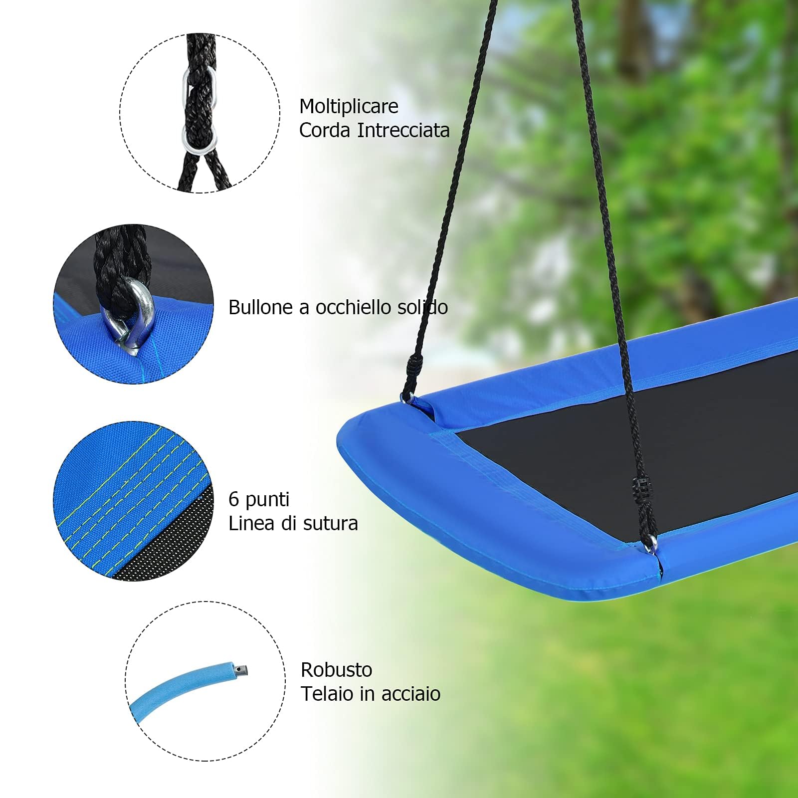 GYMAX Altalene da Giardino per 2-3 Bambini, Sedia Sospesa Grande, Altezza Regolabile, in Tessuto Oxford, Telaio Metallico, Resistente e Impermeabile, Facile da Montare (Blu-1)