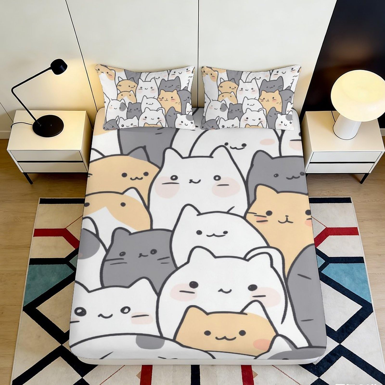3D Printed Cartoon Cat Fitted Sheet Microfiber Soft Anti-Slip Kawaii Kitten Mattress Cover for Bedroom Guest Room Decor 180x200x25cm