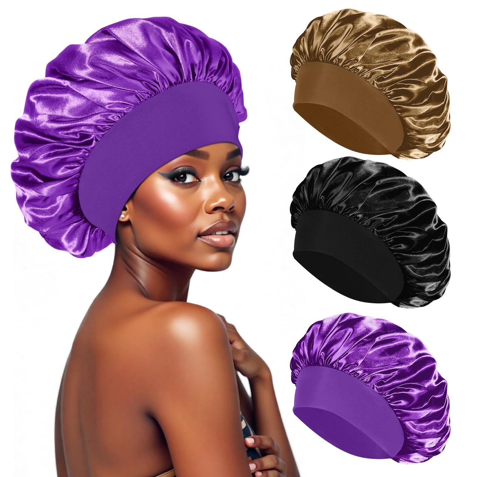 PAEFIU 3 Stück Satin Haarhaube, Schlafmütze Satin Bonnet Nacht Weiche Atmungsaktive Seidenhaube Zum Schlafen für Damen und Mädchen