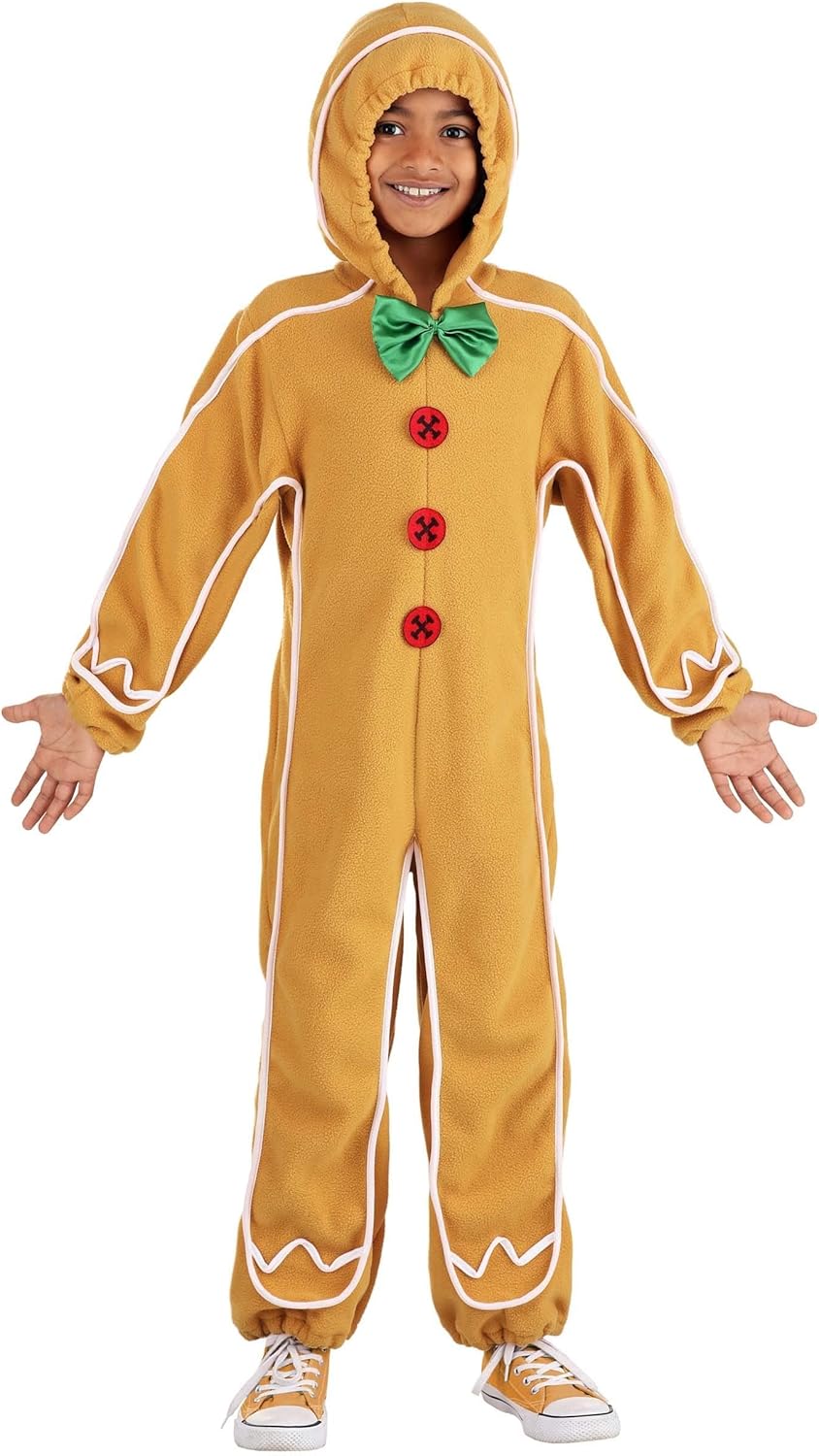 Gingerbread Man Kids Costume - Hooded Onesie with Felt Buttons, Green Bowtie & Elastic Cuffs