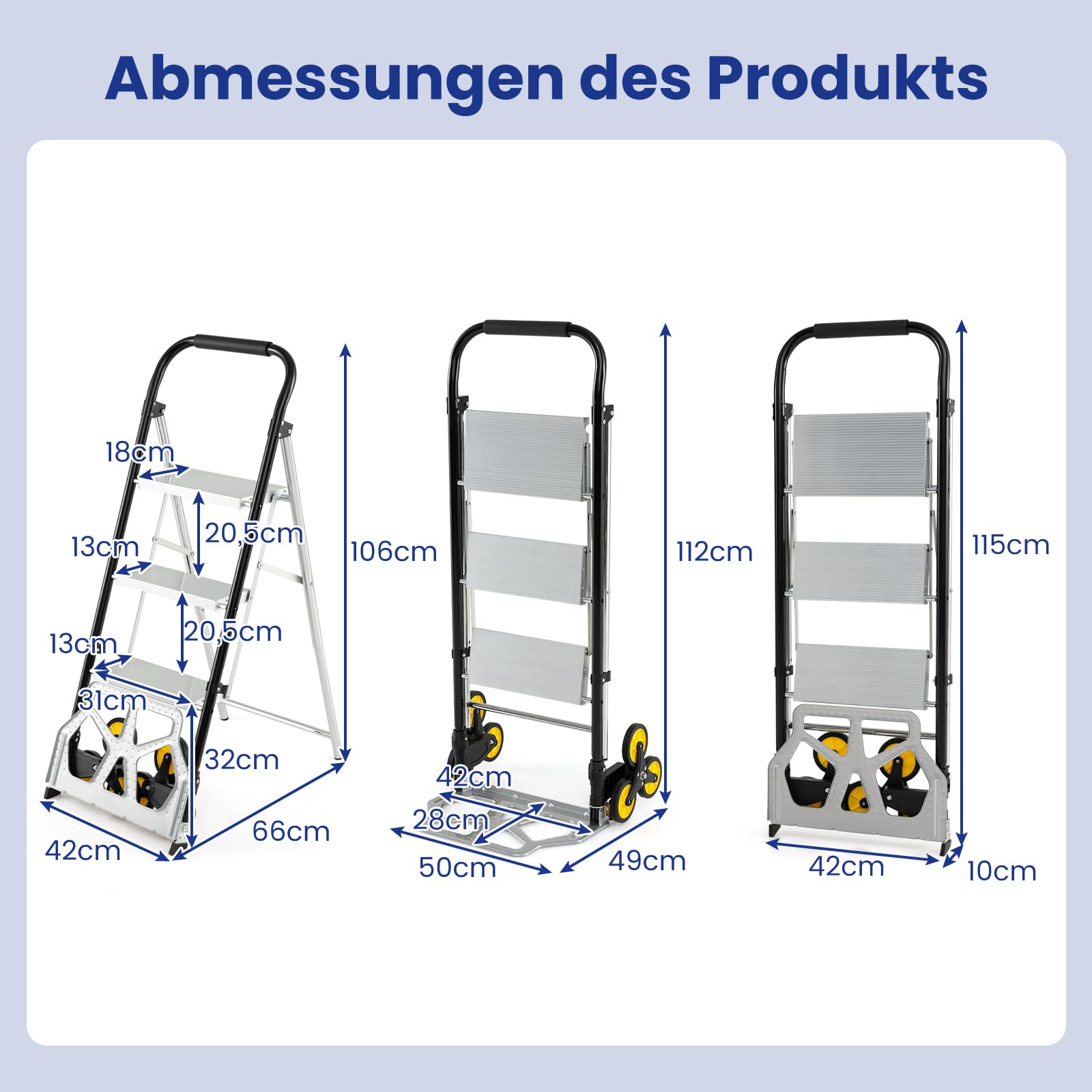 COSTWAY Wózek transportowy 2 w 1 z drabinką, składany wózek transportowy z gumowymi kółkami, maks. 100 kg, 3-stopniowa drabina maks. 250 kg, aluminiowy wózek składany do domu, magazynu, biura