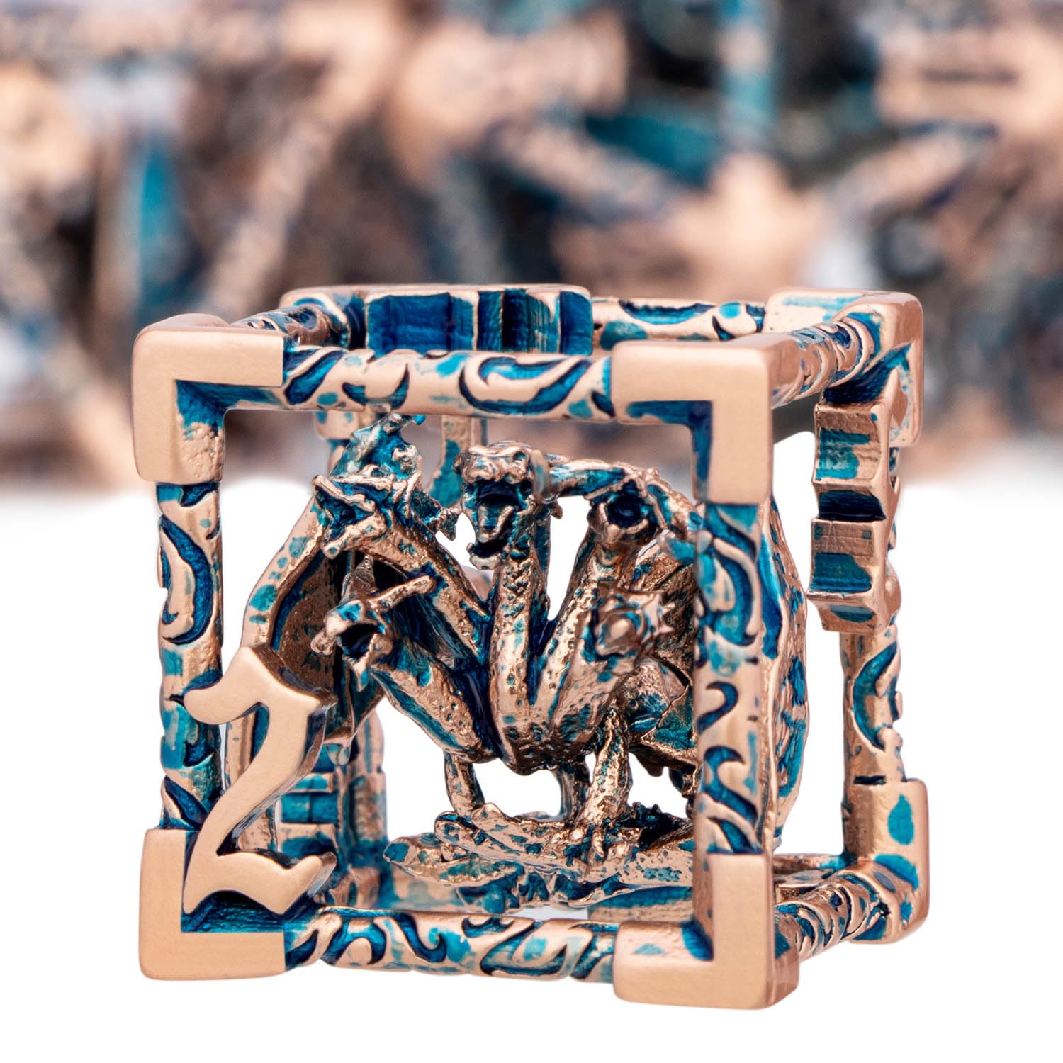 ARUOHHA Hollow DND Dice Set Copper Blue 5-Headed Dragons D and D Dice with Gift Box, RPG Role Playing Games 7PCS Metal Dungeons Polyhedral Dice Set D20 D12 D10 D8 D6 D4