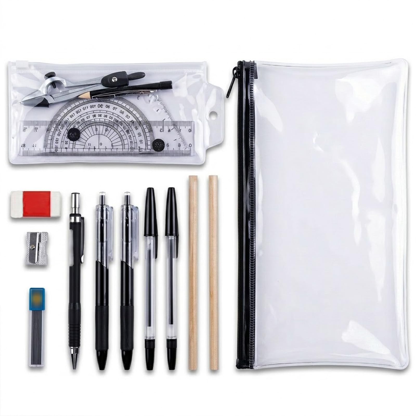 Maths Set for Secondary School, 16 Pcs Pencil Case with Stationery Set